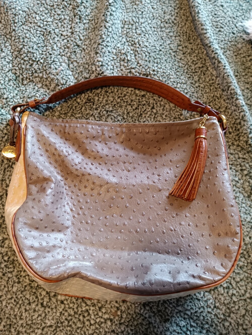 Brahmin Taupe Ostrich-Embossed Hobo with Brown Tassel